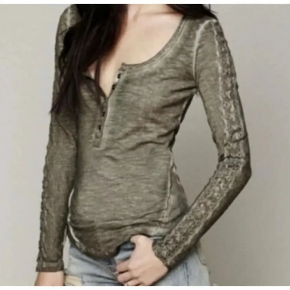 Free People Shell sleeve lace trim Henley turquoise small